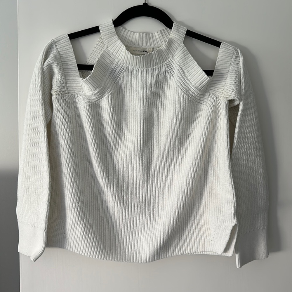 Rag & Bone / Jean  white cotton open shoulder cropped long sleeve sweater